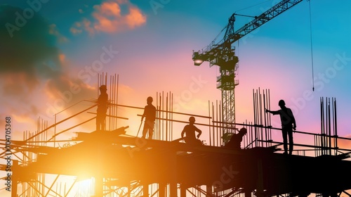 Abstract workers at construction site, Generative AI