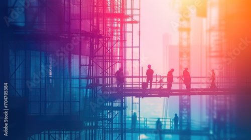 Abstract workers at construction site, Generative AI