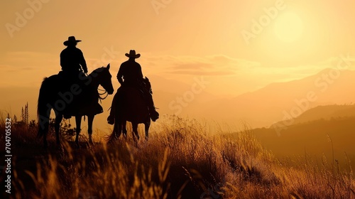  a couple of people riding on the back of horses in a field of grass at sunset with mountains in the background.