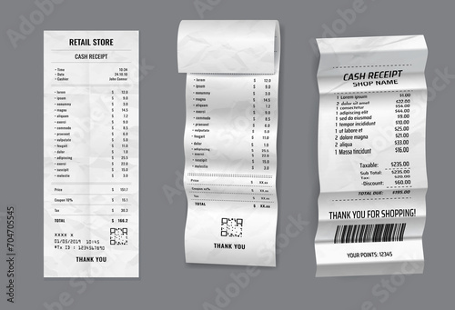 set of register sale receipt or cash receipt printed on white paper concept. 3D Render photo