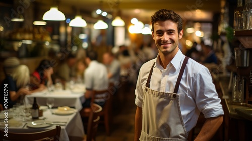 Waiter wearing apron standing in restaurant photo