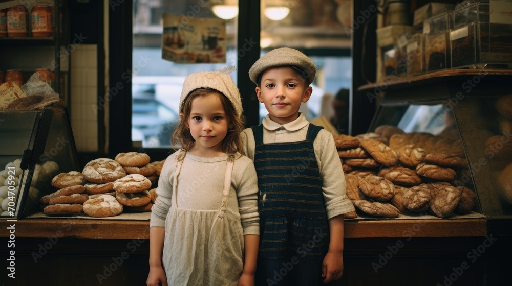 Two happy kids standing in front of bakery
