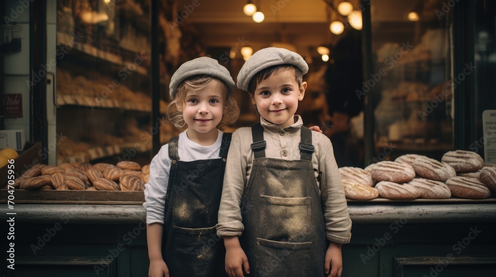 Two happy kids standing in front of bakery