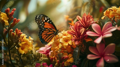  a close up of a butterfly on a plant with flowers in the foreground and a forest in the background.