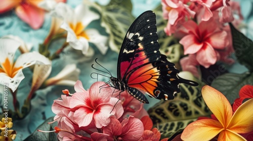  a butterfly sitting on top of a flower next to a bunch of pink and yellow flowers on a blue background.