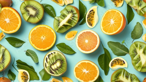  oranges, kiwis, and kiwis cut in half on a blue background with green leaves.