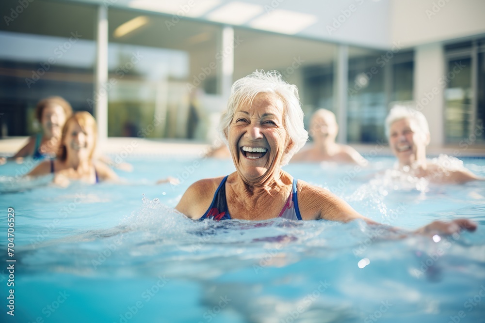 Group of seniors having fun in a pool