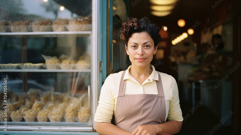 Mexican middle age female standing in front of bakery 