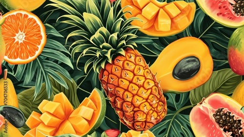  a painting of a pineapple, oranges, kiwis, and other fruit on a green background.