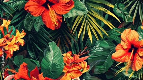  a close up of a bunch of flowers on a background of green leaves and red and yellow flowers and leaves.