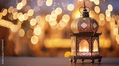 Decorative lanterns light up at night. Muslim holiday Ramadan Kareem festive blurred background. Islam, fasting month concept.