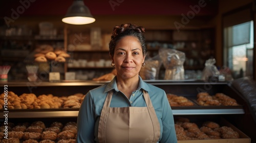Mexican middle age female standing in front of bakery 