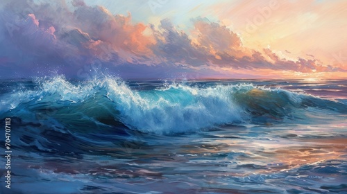  a painting of a sunset over a large body of water with a wave coming towards the shore and clouds in the sky.