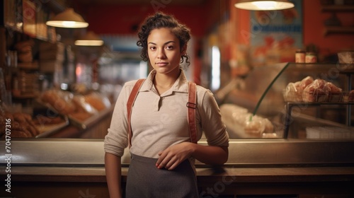 Mexican young female standing in front of bakery