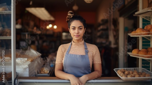 Mexican young female standing in front of bakery