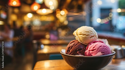  three scoops of ice cream sit in a bowl on a table in front of a window at a restaurant.