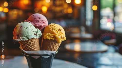  three scoops of ice cream sit in a cone on a table in front of a blurry background of a restaurant.