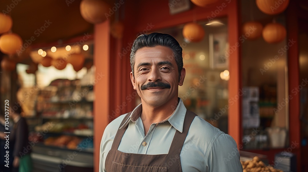Mexican middle age male standing in front of bakery