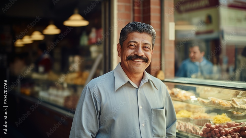 Fototapeta premium Mexican middle age male standing in front of bakery