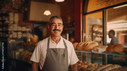 Mexican middle age male standing in front of bakery