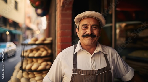 Mexican middle age male standing in front of bakery