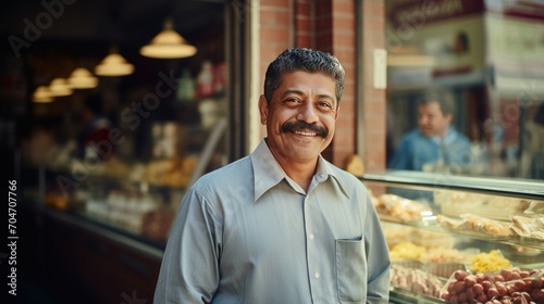 Mexican middle age male standing in front of bakery