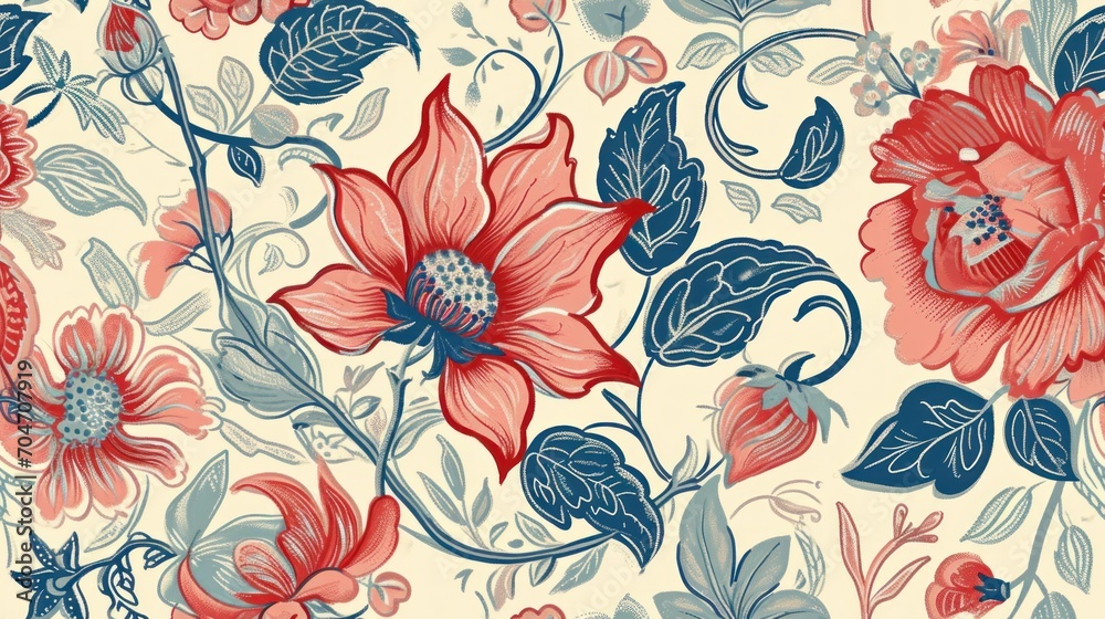  a red, white, and blue floral pattern with leaves and flowers on a white background with blue and red accents.