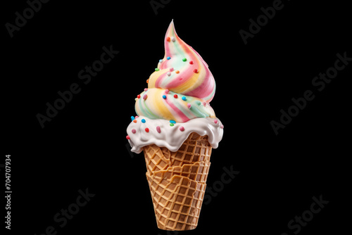 An exciting, multi-colored ice cream cone isolated on a solid black background