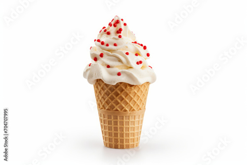 An ice cream cone with red sprinkles isolated on a solid white background