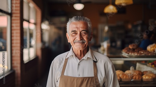 Mexican senior male standing in front of bakery
