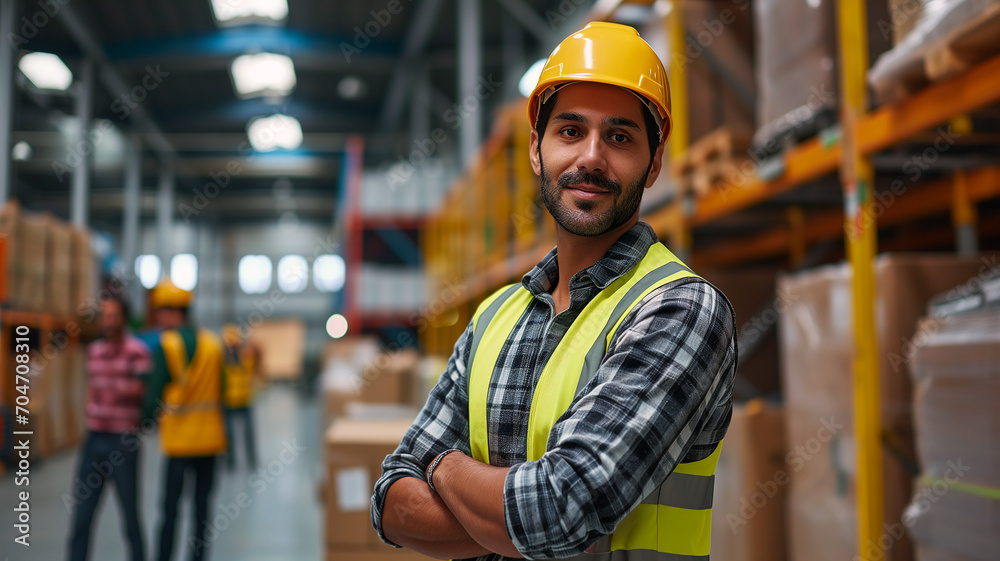 Portrait of a construction worker. Male builder in a helmet. Warehouse worker in uniform on the blurred background. Created using AI generation Portrait of a construction worker. Male builder in a helmet. Warehouse worker in uniform on the blurred background. Created using AI generation