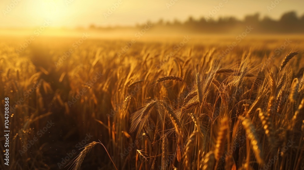 Obraz premium a field of wheat at sunset with the sun shining through the ears of the wheat in the foreground and the trees in the background.