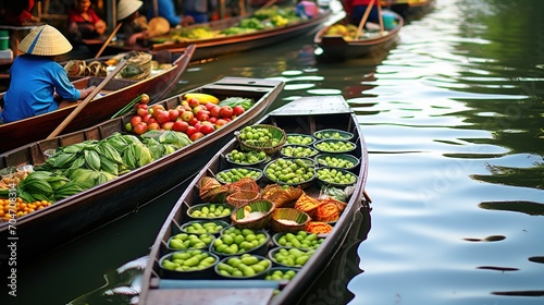 Floating market in Thailand with boats full of fresh fruits and vegetables © duyina1990