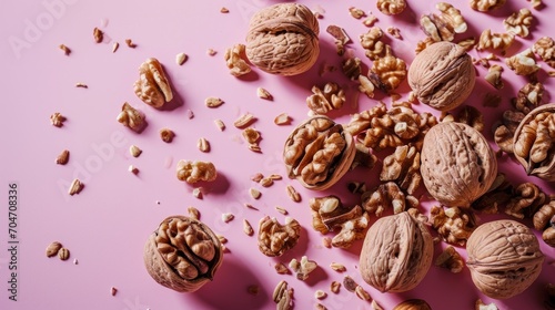  a pile of walnuts on a pink surface next to a pile of walnut kernels on a pink surface.