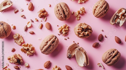  a bunch of nuts on a pink surface with one nut in the middle of the nuts and the rest of the nuts in the middle of the nuts. photo