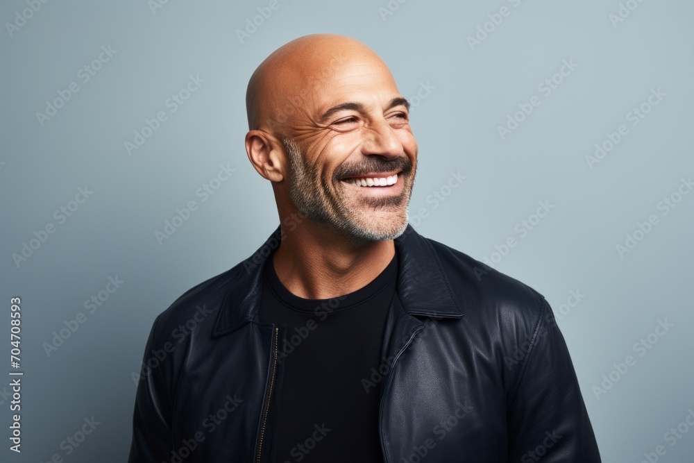 Handsome middle aged man smiling and looking at camera while standing against grey background Handsome middle aged man smiling and looking at camera while standing against grey background