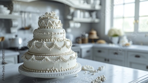  a white wedding cake sitting on top of a kitchen counter next to a counter top with lots of white frosting on it.
