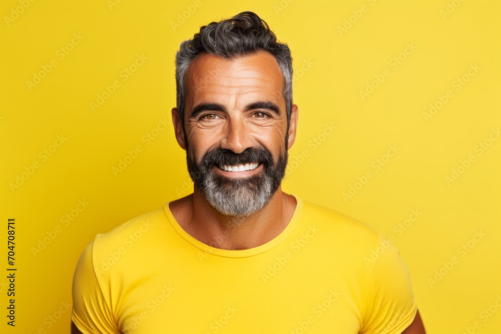 Portrait of handsome mature man in yellow t-shirt on yellow background Portrait of handsome mature man in yellow t-shirt on yellow background