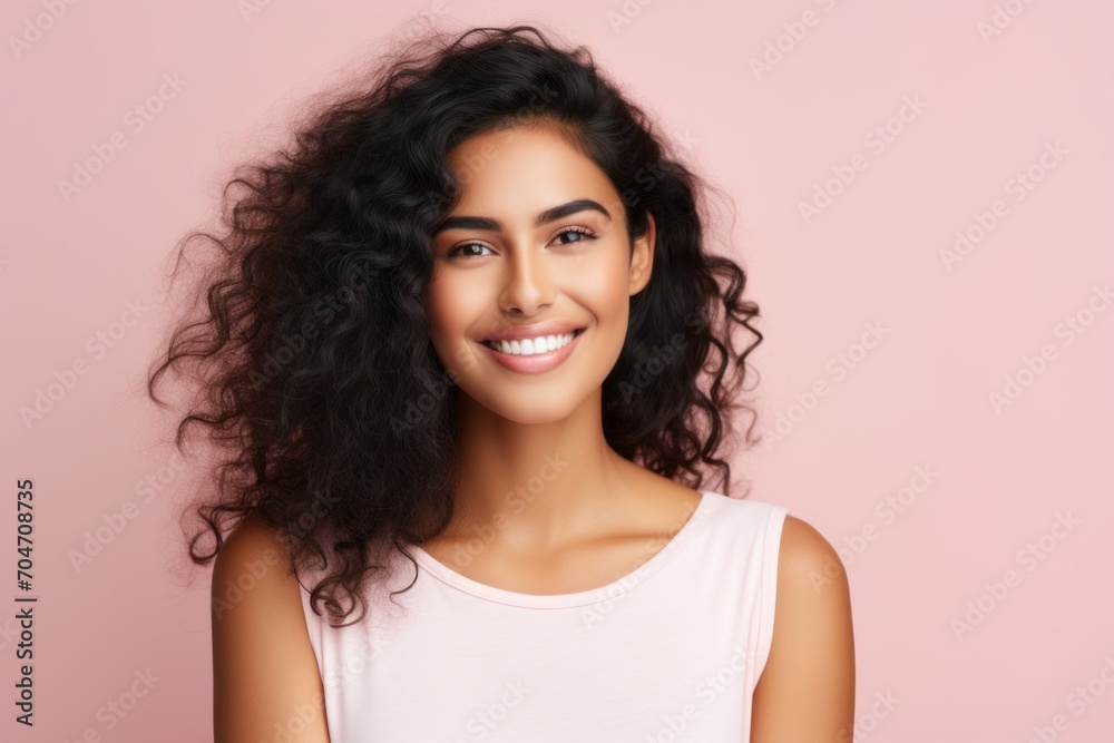 Beauty portrait of young happy smiling woman with long curly hair, over pink background Beauty portrait of young happy smiling woman with long curly hair, over pink background
