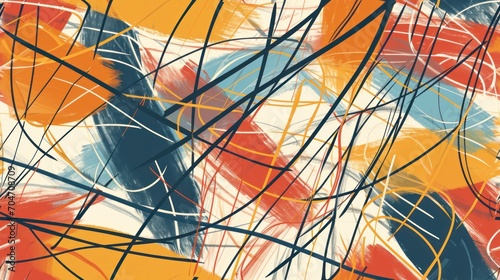  an abstract painting with blue  orange  yellow  and red streaks of paint on a white and black background.