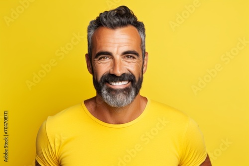 Portrait of handsome mature man in yellow t-shirt on yellow background