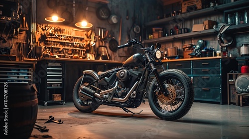 Custom Bobber Motorbike Standing in an Authentic Creative Workshop. Vintage Style Motorcycle Under Warm Lamp Light in a Garage