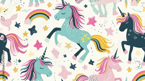  a pattern of unicorns and stars on a white background with pink, blue, yellow, and green colors.