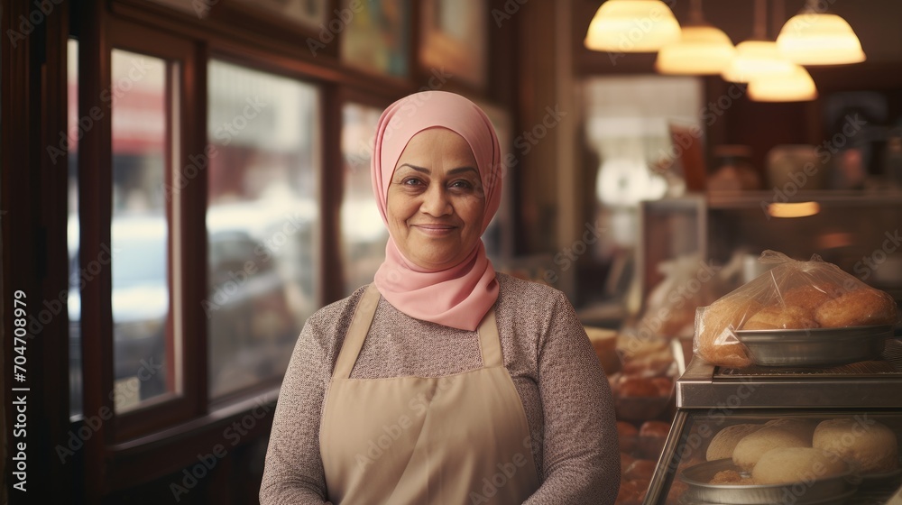 Muslim senior female standing in front of bakery