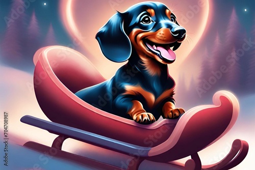 This is a colorful and whimsical illustration of a happy cartoon dachshund sitting in a red sled against a snowy forest backdrop illuminated by the soft glow of twilight, on Valentine's Day. photo
