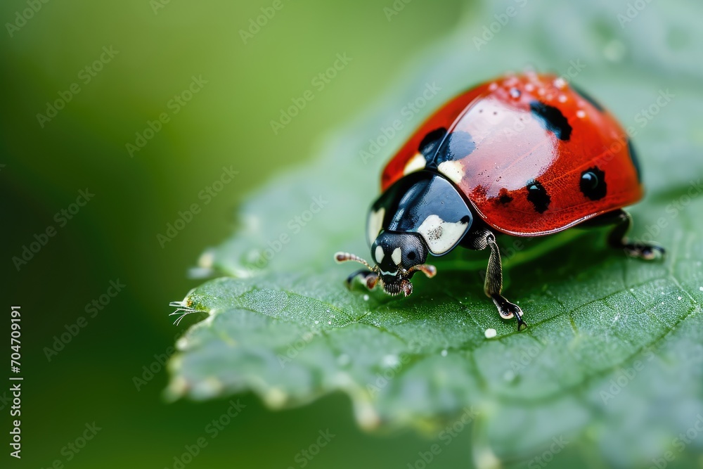 Extreme close-up of a ladybug on a green leaf, vibrant colors. Extreme close-up of a ladybug on a green leaf, vibrant colors.