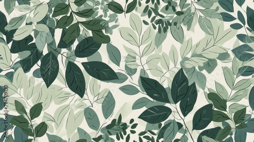  a close up of a wallpaper with green leaves and branches on a white background in shades of blue, green, and white. © Anna