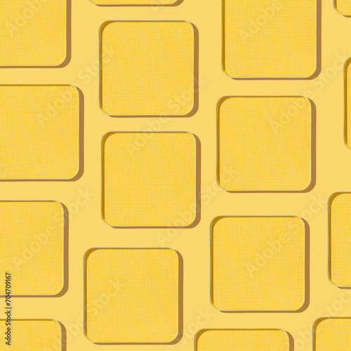 Minimal pattern eye shadow yellow swatches with shadow, monochrome photoas background, refill compact eyeshadow, shiny colored powder for makeup, square shape metal pack, cosmetic texture photo