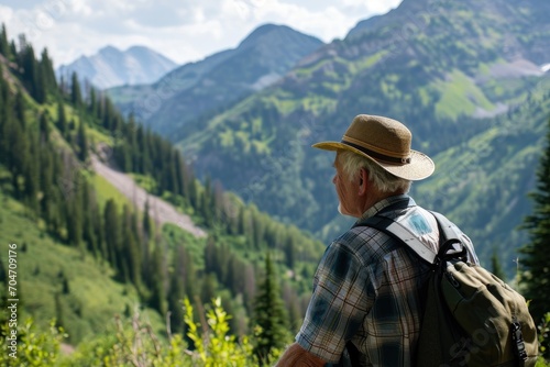 Elderly man on a scenic hike in the mountains