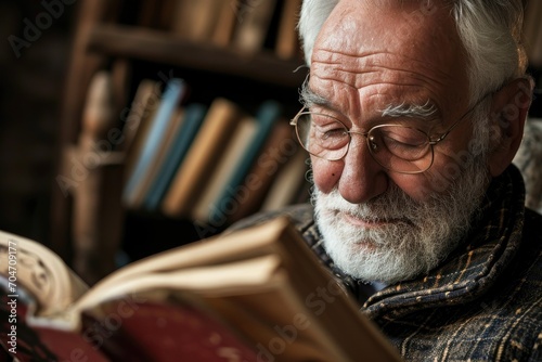 Elderly man reading a book with a contented expression